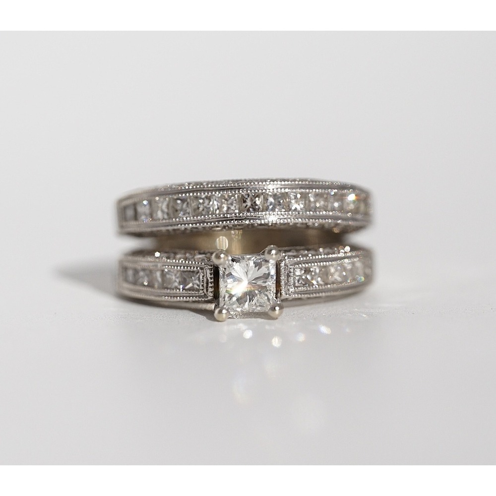 14k Solid White Gold Natural Diamond‎ Ring Channel Set Wedding Princess Cut Pave